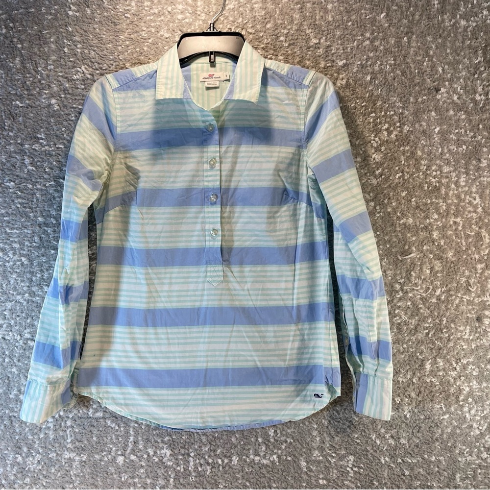 Vineyard Vines Top Striped Long Sleeve‎ Blue 2 Cotton Round Hem Preppy Career